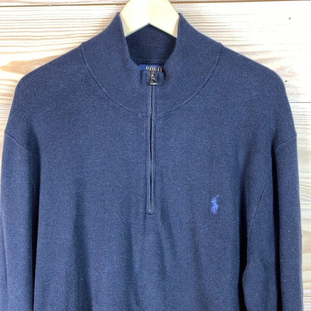 Polo Ralph Lauren Men XL 1/4 Zip Pullover Pima Cotton Waffle Knit Pony Blue